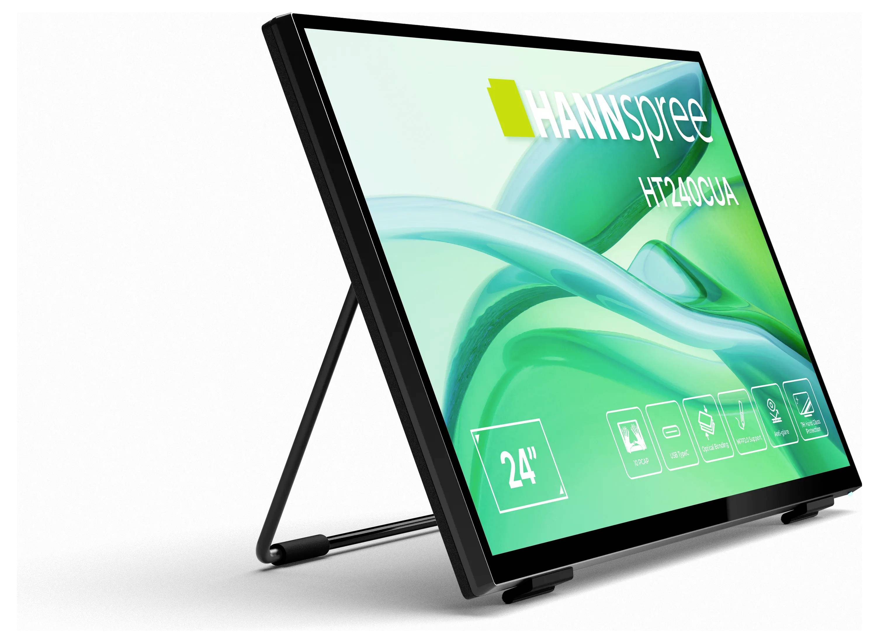 Moniteur à écran tactile rectangulaire sur un support, affichant un fond abstrait vert avec le texte « Hannspree HT 240 CUA » et des icônes.