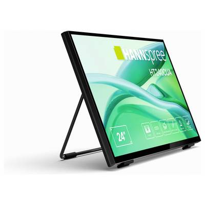 Moniteur à écran tactile rectangulaire sur un support, affichant un fond abstrait vert avec le texte « Hannspree HT 240 CUA » et des icônes.