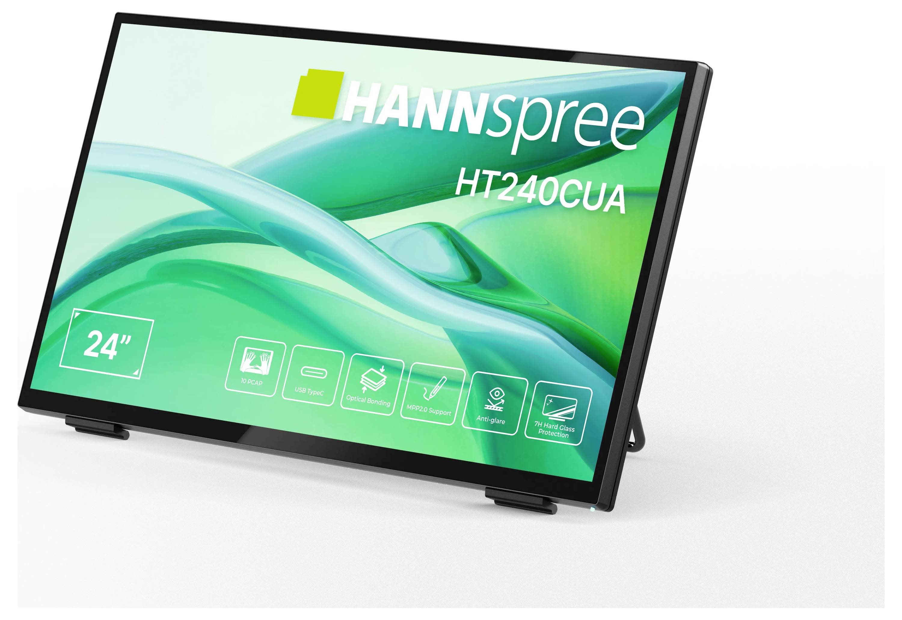 Un écran d'affichage avec le texte « HANNspree HT240CUA », présentant un arrière-plan abstrait vert et des icônes indiquant les fonctionnalités de l'écran.