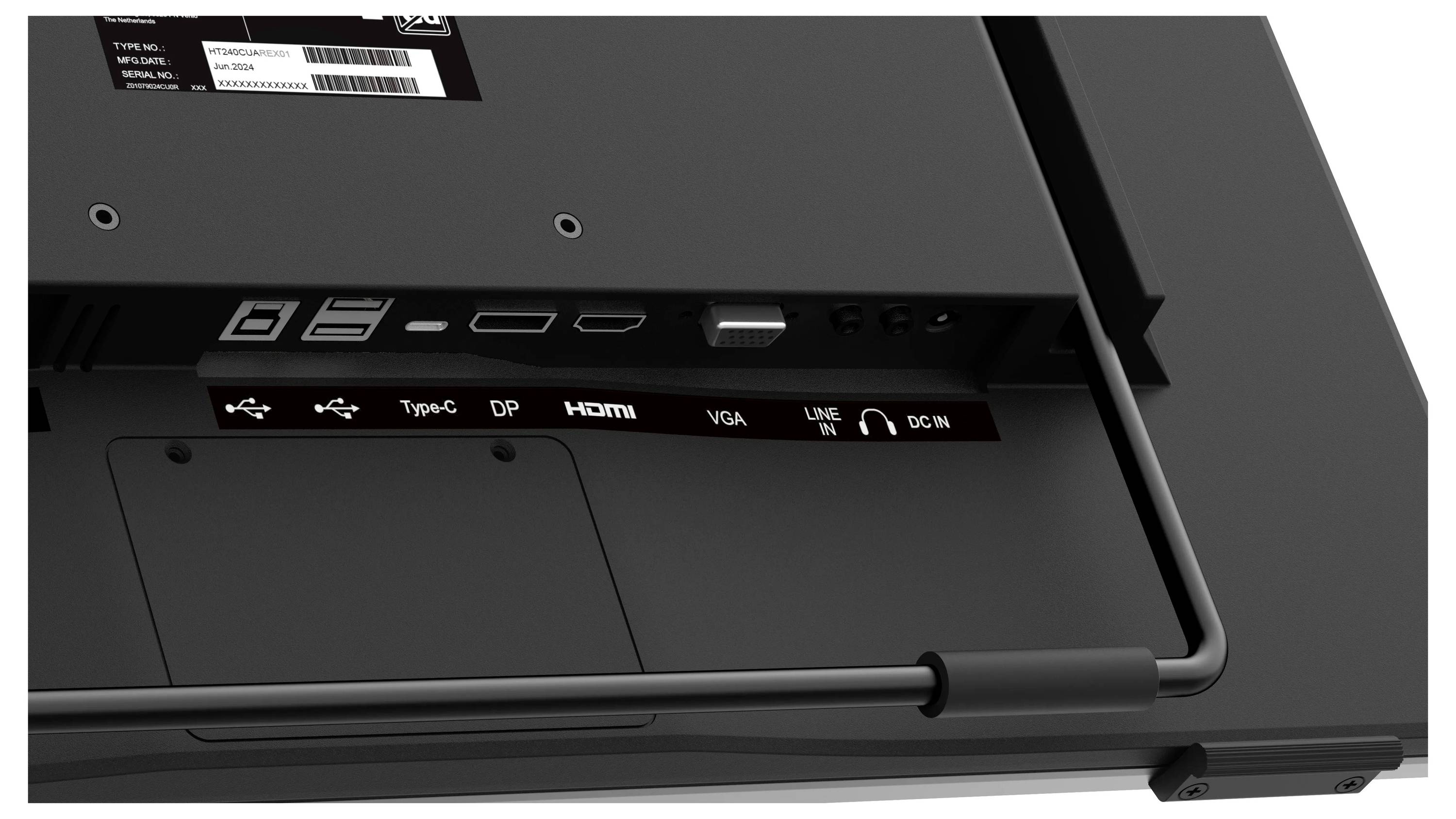 Vue arrière d'un moniteur montrant plusieurs ports, dont USB, Type-C, DisplayPort (DP), HDMI, VGA, entrée audio et alimentation (DC IN).