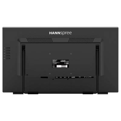 Vue arrière d'un écran Hannspree montrant les ports, la ventilation et l'étiquette.
