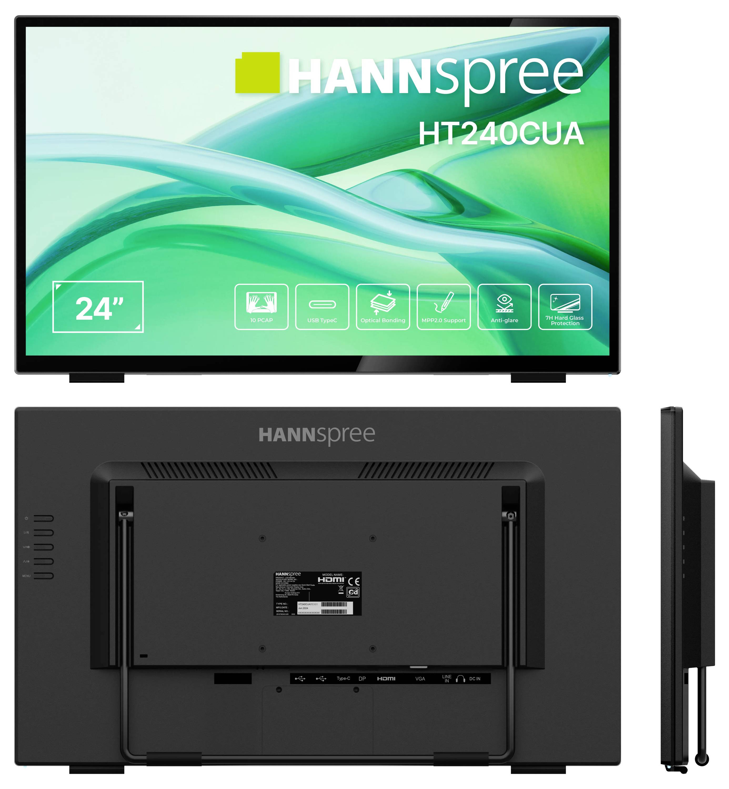 Moniteur HANNSPREE HT240CUA 24" présenté de face, de dos et de profil. Doté d'un écran tactile, de ports HDMI et d'autres connectiques.