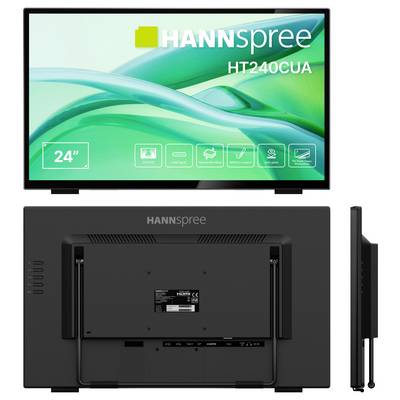 Moniteur HANNSPREE HT240CUA 24" présenté de face, de dos et de profil. Doté d'un écran tactile, de ports HDMI et d'autres connectiques.