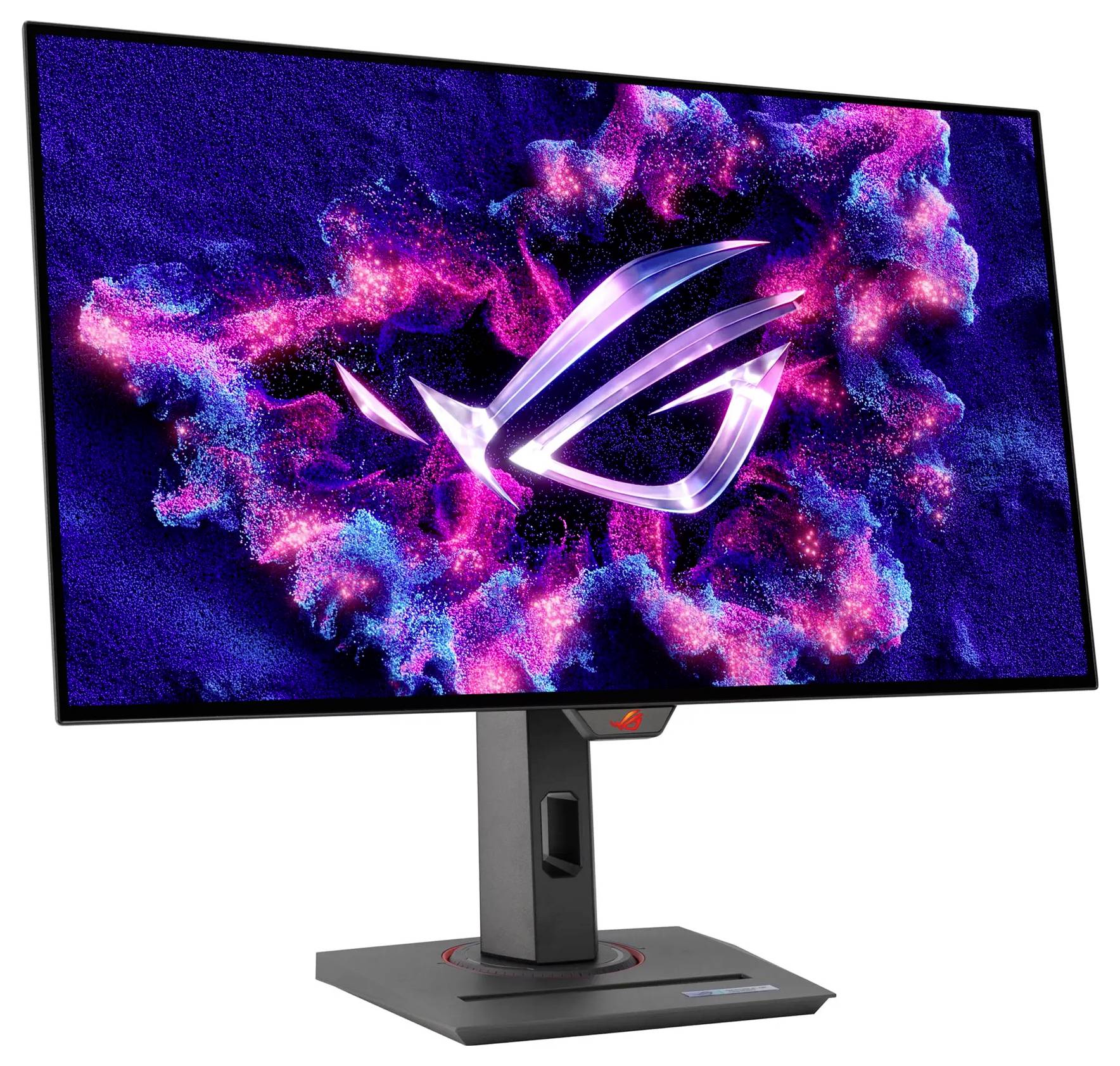Un moniteur de jeu avec un design abstrait et vif, arborant un logo lumineux sur un fond cosmique coloré, monté sur un support robuste.