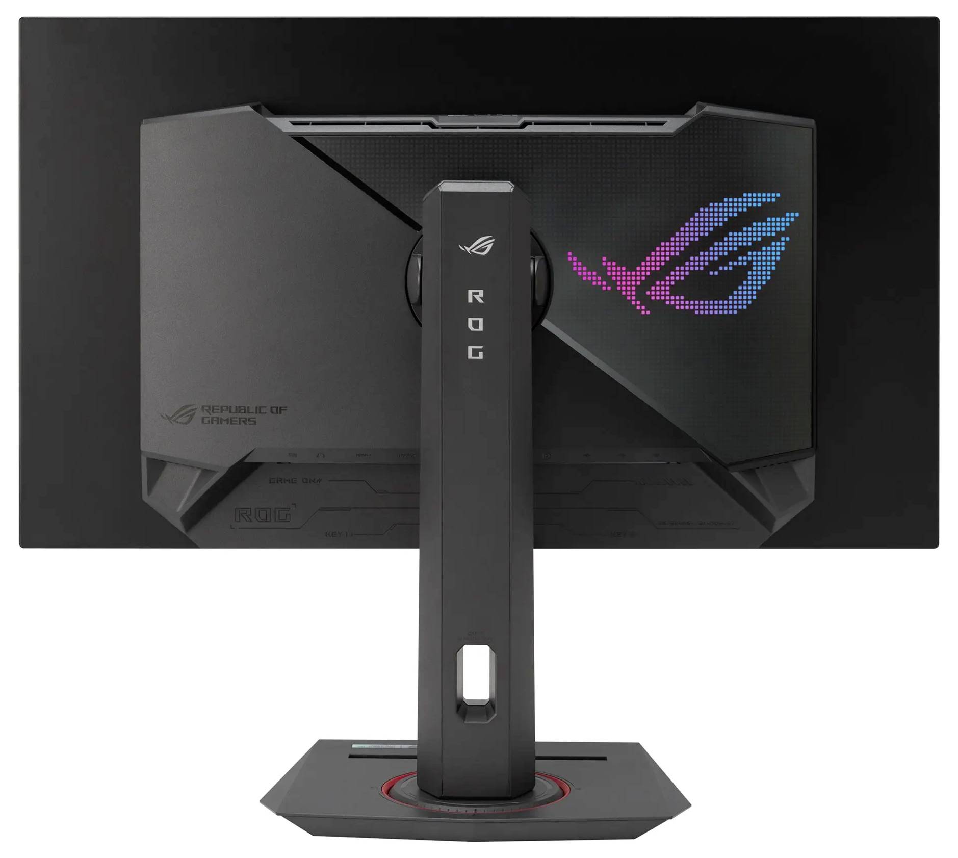 Un écran de jeu vu de dos, avec un logo sur la droite et des lumières colorées, équipé d'un support robuste.