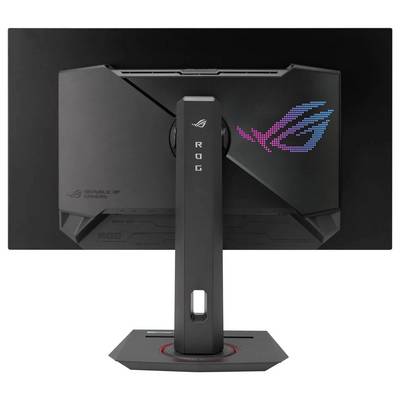 Un écran de jeu vu de dos, avec un logo sur la droite et des lumières colorées, équipé d'un support robuste.