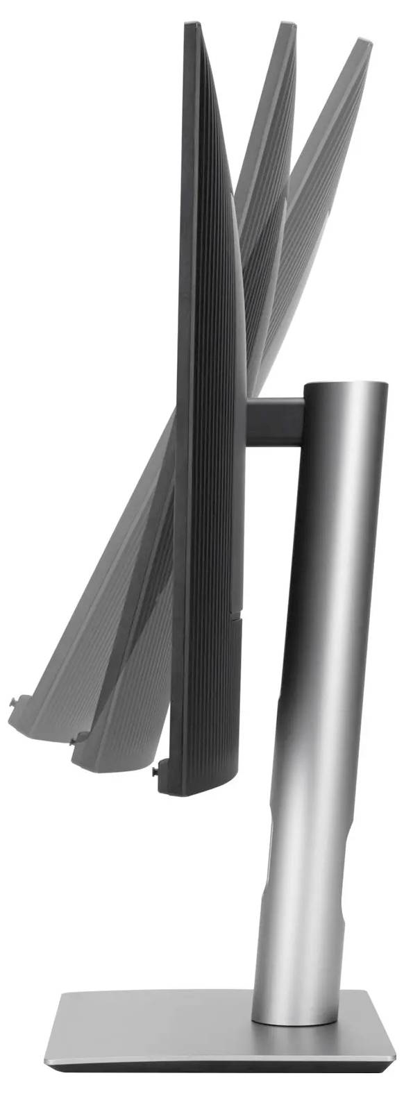 Un écran d'ordinateur avec un support élégant en argent, vu de côté, avec l'écran incliné à différents angles.