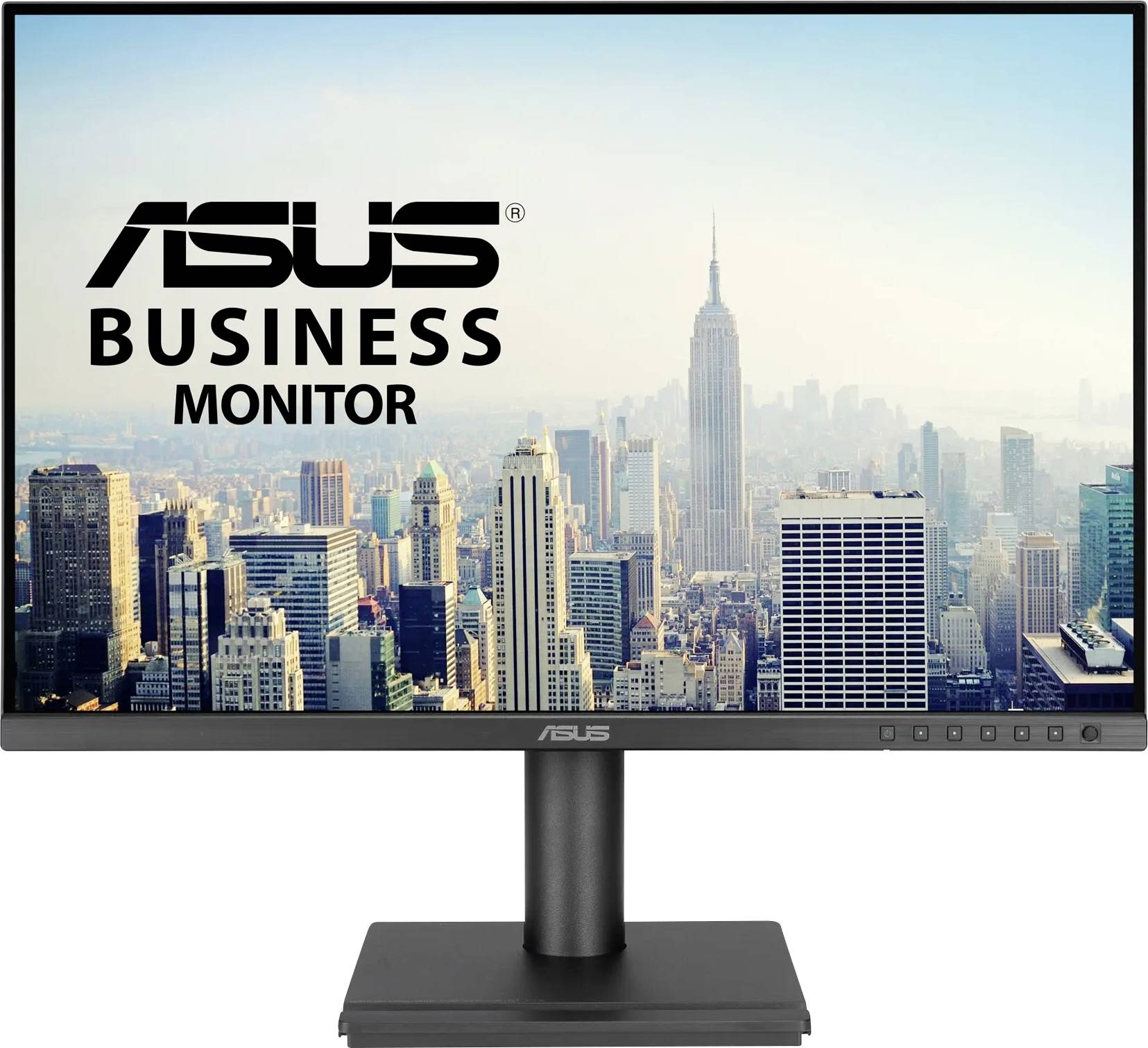 L'écran professionnel ASUS affiche un panorama urbain avec des gratte-ciels, soulignant la pertinence du produit pour les environnements de travail professionnels.