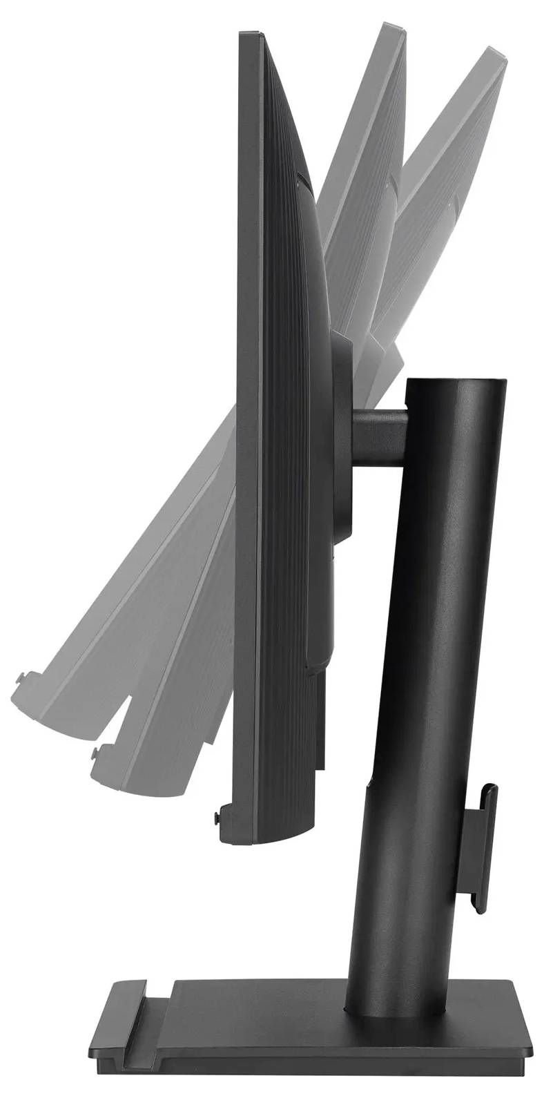 Une vue latérale d'un moniteur d'ordinateur noir sur un support, montrant sa capacité à s'incliner vers l'arrière, représentée par plusieurs images fantômes superposées.