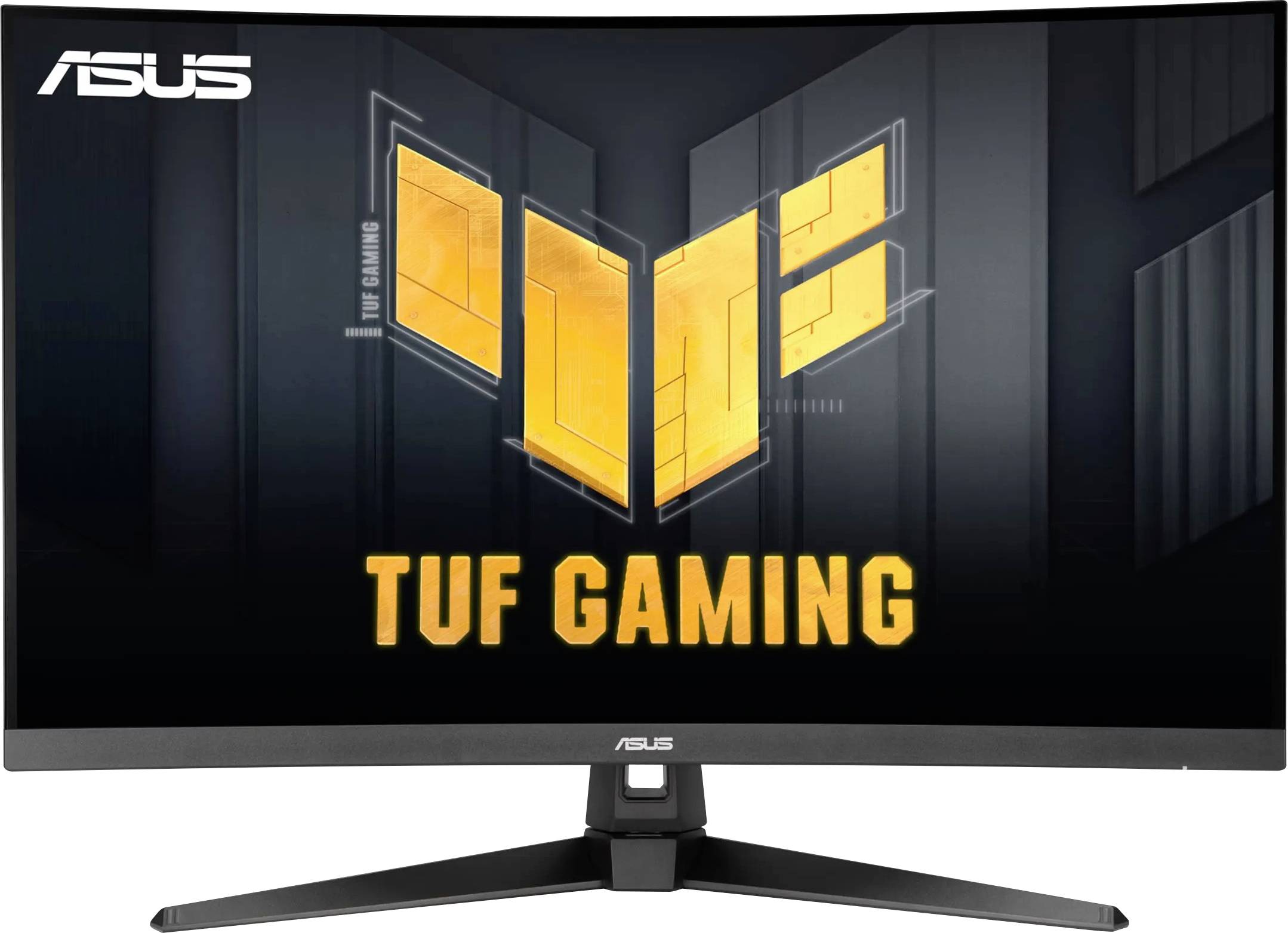 Moniteur incurvé ASUS TUF Gaming avec un logo jaune audacieux sur l'écran, soulignant son orientation gaming et son design d'affichage immersif.