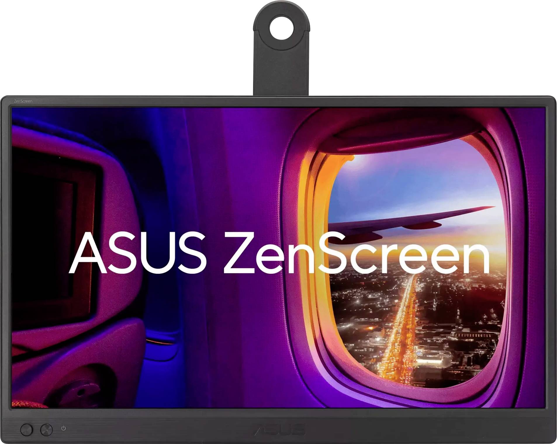 Un écran affichant une image d'une aile d'avion contre un ciel de coucher de soleil vibrant, avec des lumières de ville en contrebas, portant l'étiquette « ASUS ZenScreen ».