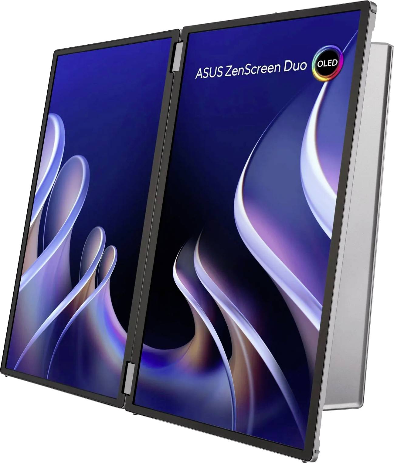L'ASUS ZenScreen Duo OLED affichant deux écrans avec des graphiques d'ondes abstraites, mettant en valeur les capacités polyvalentes de multitâche.