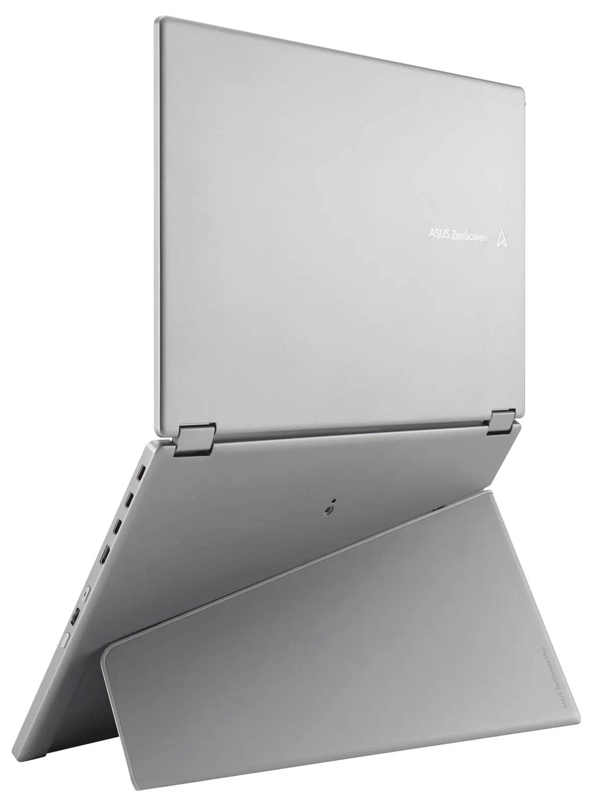 Un ordinateur portable ASUS ZenBook argenté est présenté de profil avec un design fin et élégant, partiellement ouvert, mettant en valeur sa portabilité.