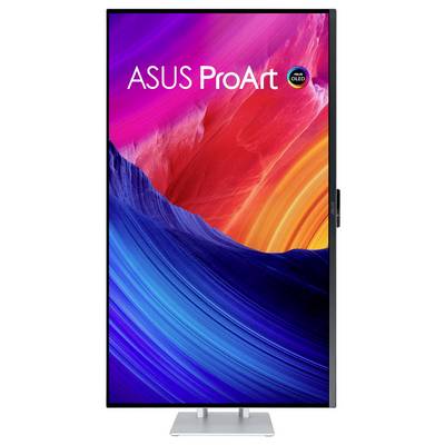 Un affichage vertical présentant un art abstrait saisissant avec des couleurs rouge, bleu et orange vives. Le coin supérieur gauche porte l'inscription « ASUS ProArt OLED ».