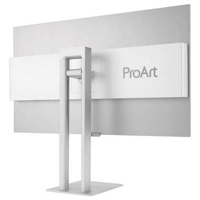 Un moniteur d'ordinateur élégant et argenté, étiqueté « ProArt », doté d'un support anguleux et robuste, vu de dos.