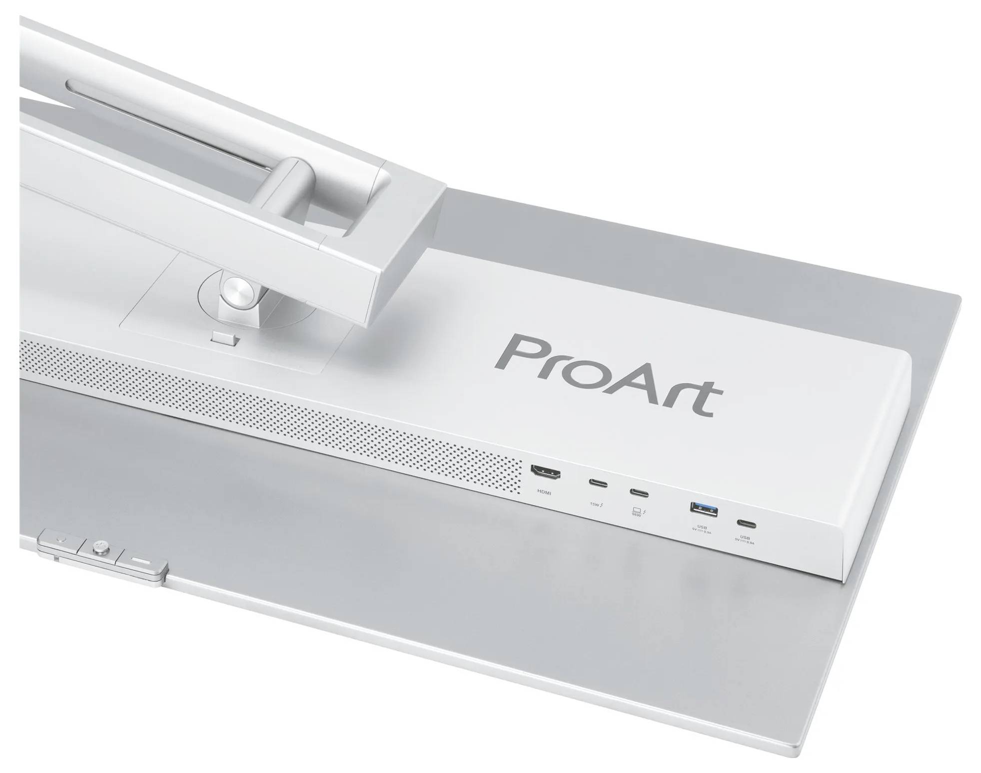 L'image montre l'arrière d'un moniteur portant la marque « ProArt », présentant des ports de connectivité comprenant USB et HDMI, et un support élégant.