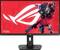 Un écran de moniteur de jeu affichant un écran à thème rouge avec un personnage robotique tenant une arme futuriste, présentant le logo ROG et la phrase « Pour Ceux Qui Osent ».