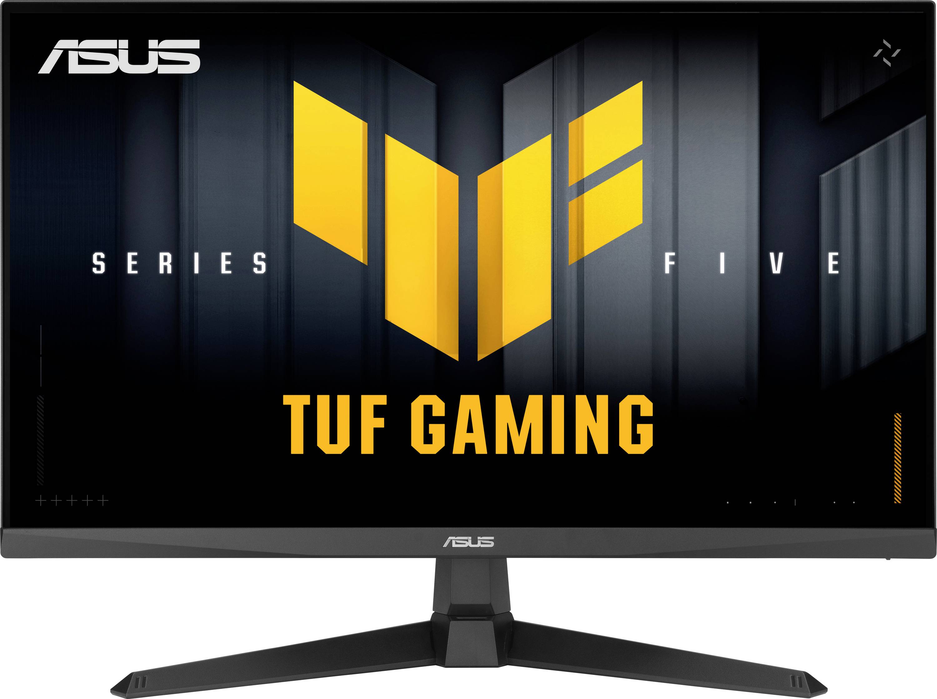 Moniteur affichant le logo 'ASUS TUF Gaming Series Five' avec un grand symbole jaune 'V' au centre.