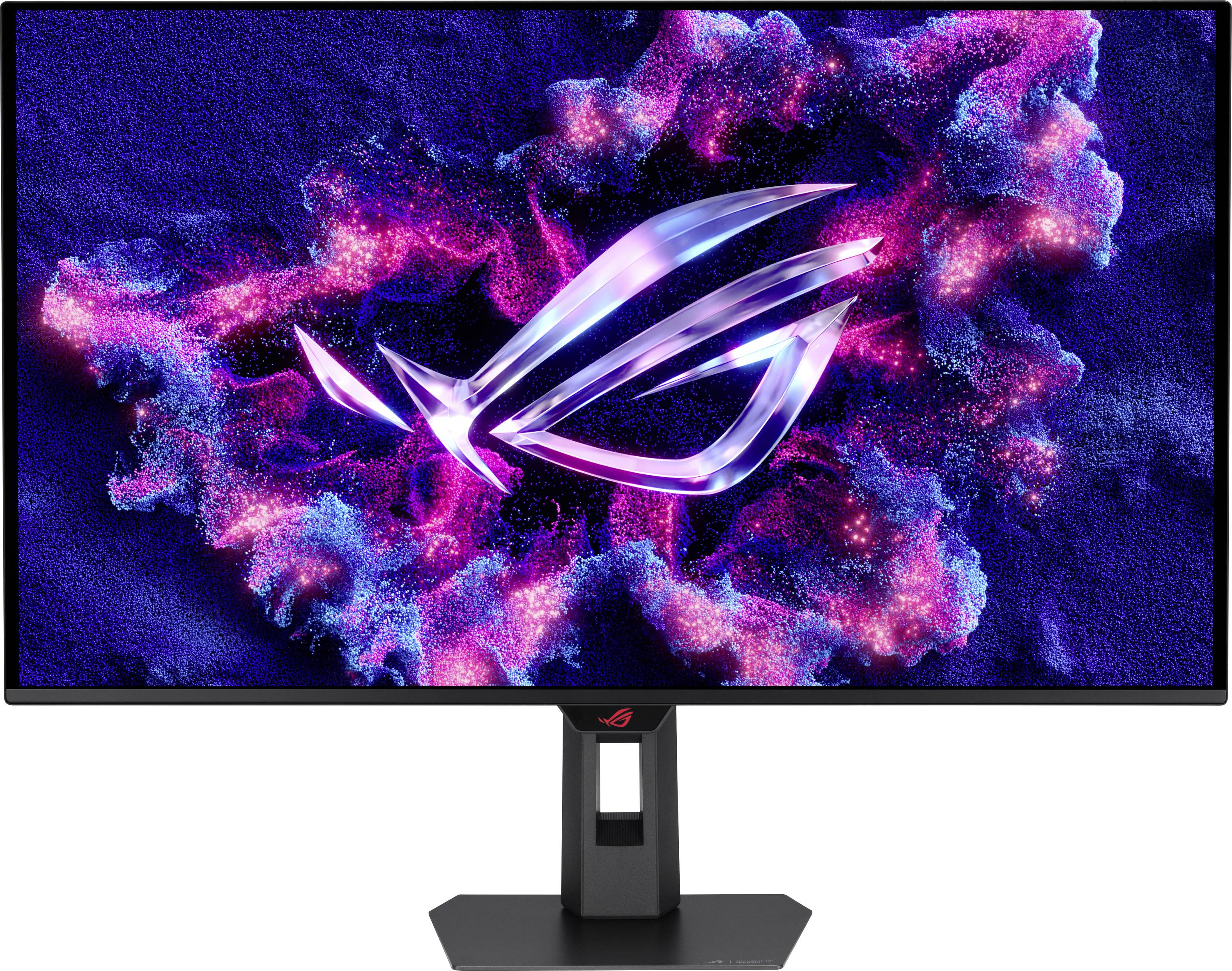 Un moniteur de jeu présentant une explosion vibrante et abstraite de couleurs roses et bleues entourant un logo stylisé sur l'écran.