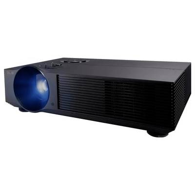Un projecteur multimédia noir est montré projetant une lumière bleue, indiquant qu'il est allumé et prêt à être utilisé.