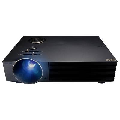 Vue de face d'un projecteur moderne et sombre avec une lumière bleue scintillante. Des interrupteurs et des évents sont visibles sur la surface de l'appareil.