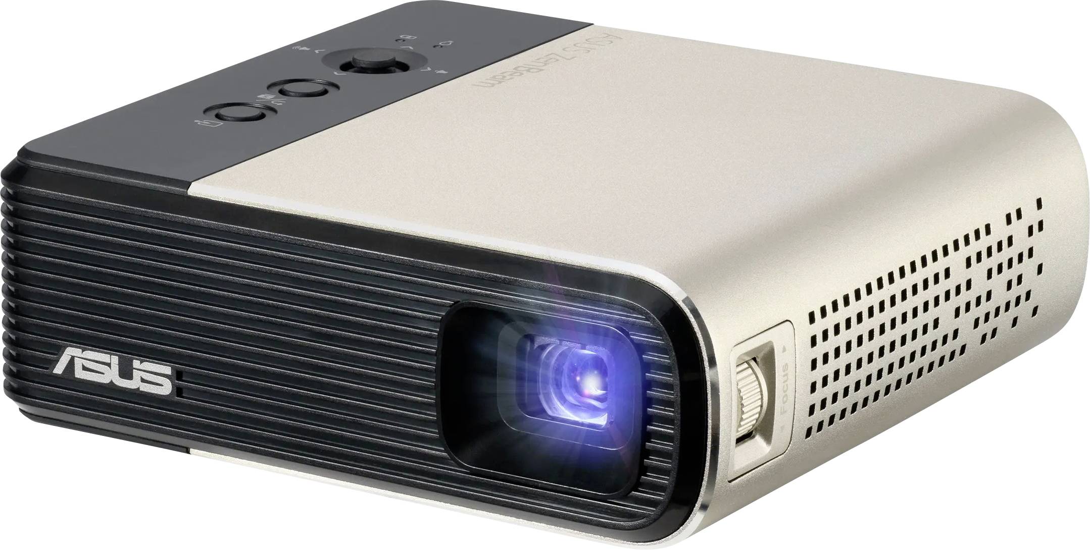 Un projecteur portable d'Asus, noir et argenté, montrant l'objectif projetant de la lumière.