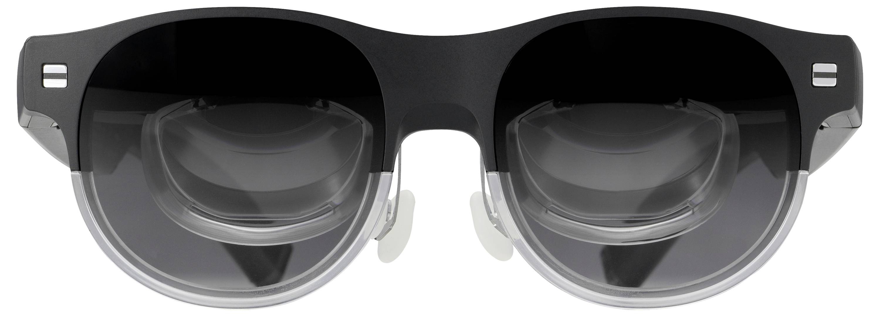 Lunettes à monture noire avec des verres teintés foncés et un intérieur à cadre rond transparent, vues de face.