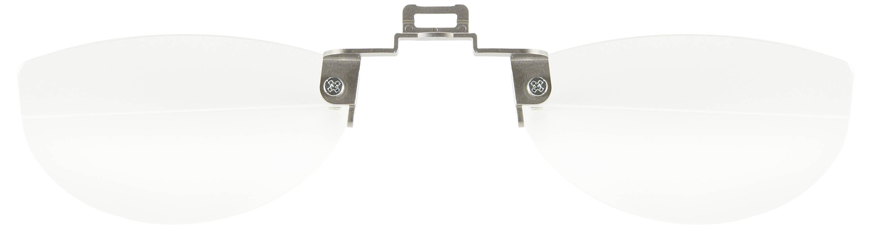 Lentilles à clipser avec un design transparent, sans monture et une charnière d'attache argentée, vues de face.