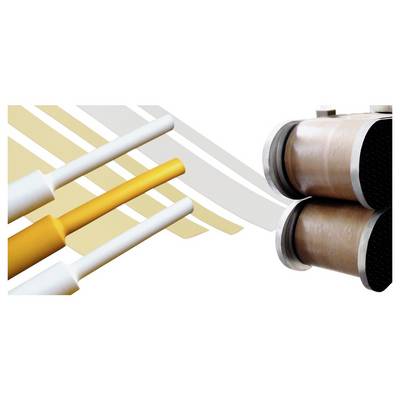 Trois tubes isolants sur la gauche et deux cylindres métalliques sur la droite, avec des rayures de fond abstraites.