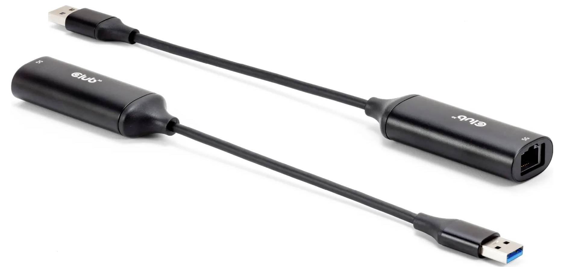 Deux adaptateurs USB 3.0 vers Ethernet avec des câbles et des connecteurs noirs, chacun équipé d'une fiche USB à une extrémité et d'un port Ethernet à l'autre.