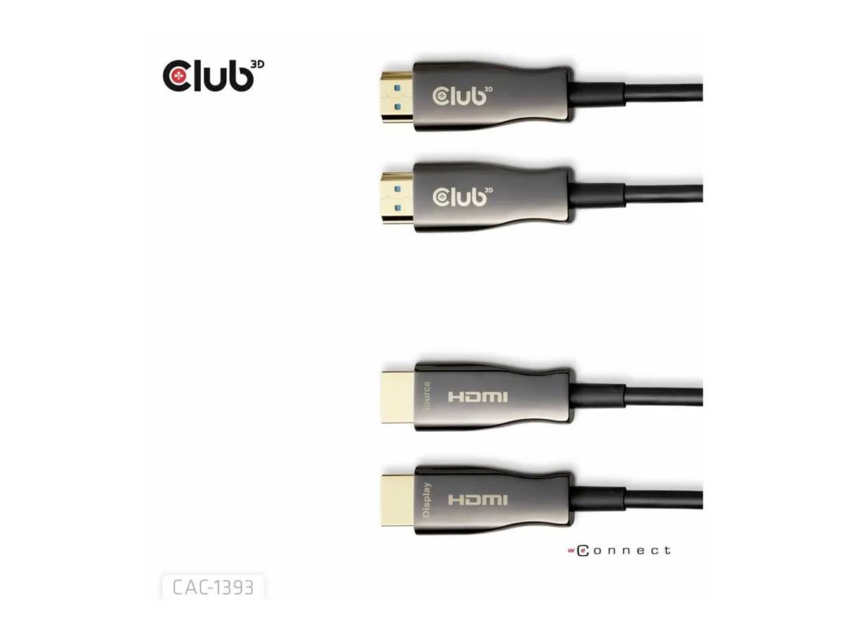 « Quatre câbles HDMI étiquetés Club 3D et HDMI CAC-1393 » montrant les extrémités des connecteurs et la marque.