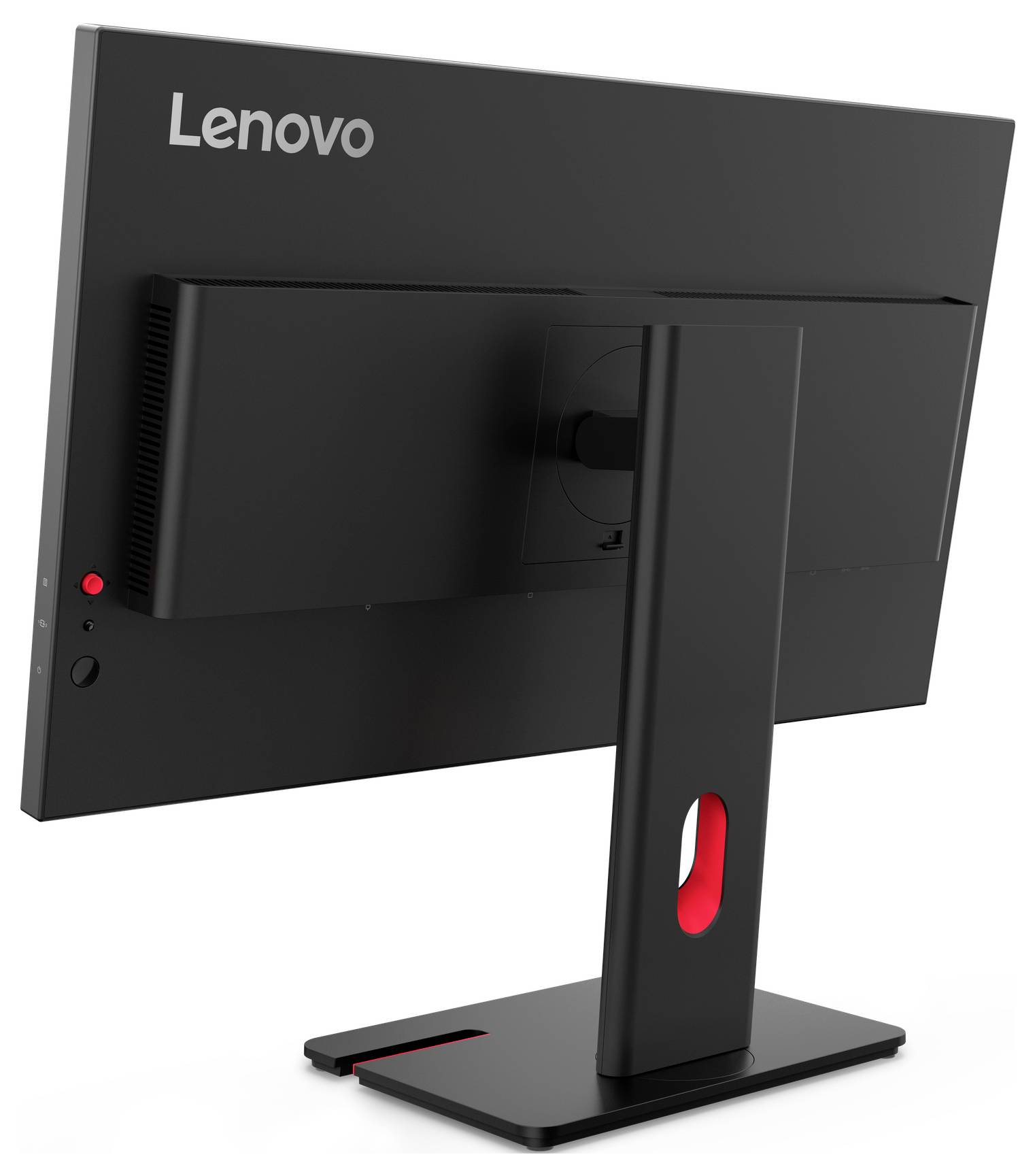 Un moniteur d'ordinateur Lenovo noir vu de dos, présentant un design épuré avec un bouton d'alimentation rouge et un support rectangulaire.
