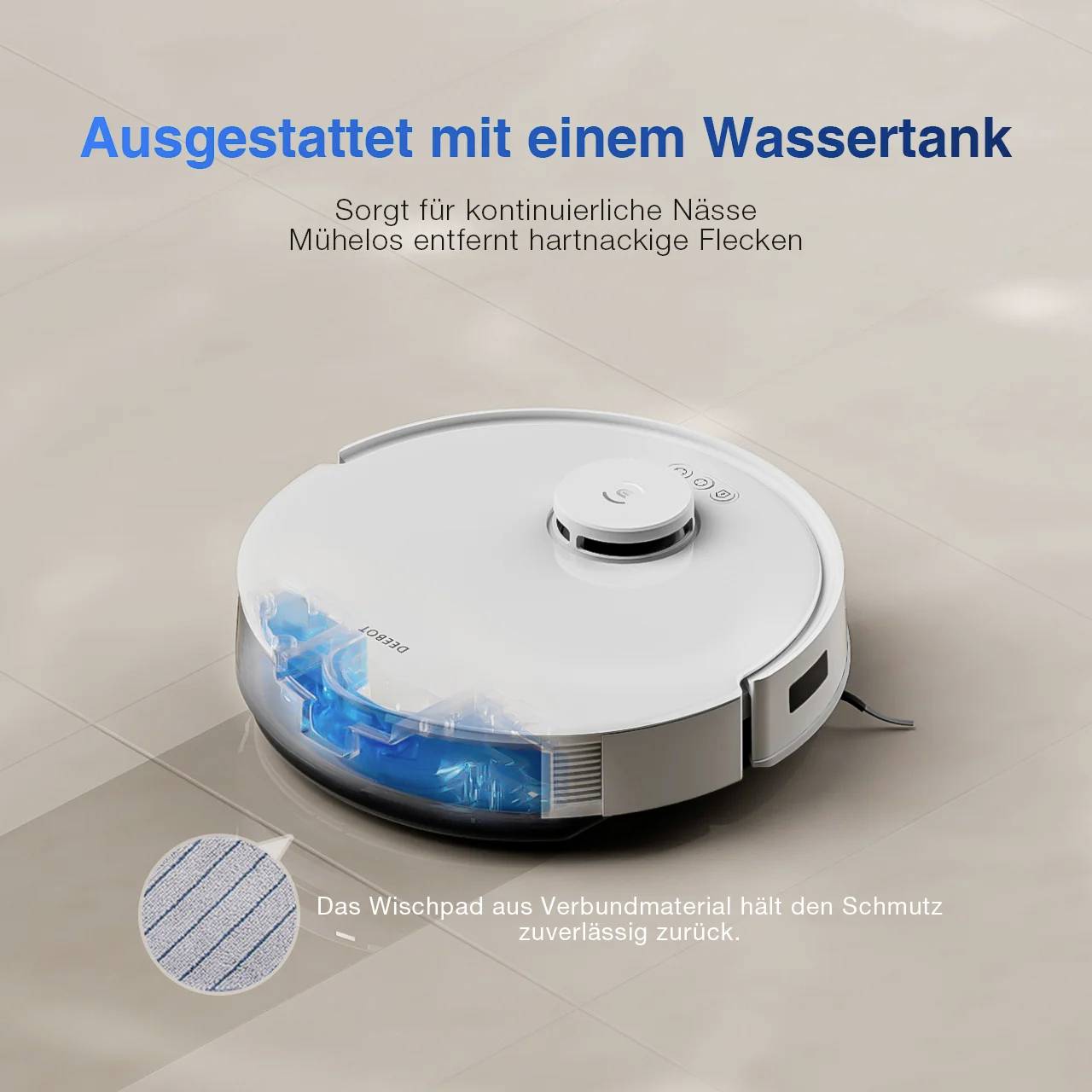 Un aspirateur robot blanc sur un sol carrelé, équipé d'un réservoir d'eau, conçu pour nettoyer efficacement et éliminer les taches tenaces.