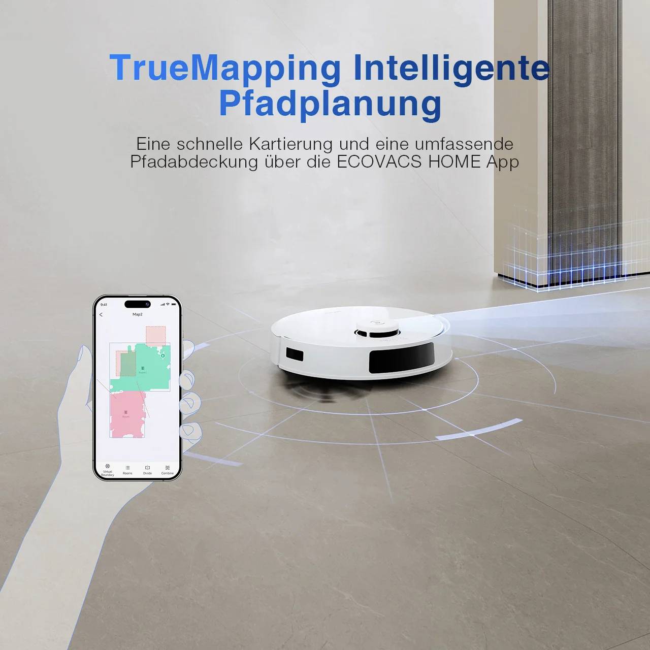 Un aspirateur robot cartographie un sol à l'aide d'une application sur un smartphone. Le texte en allemand décrit la planification intelligente des trajectoires et la couverture.