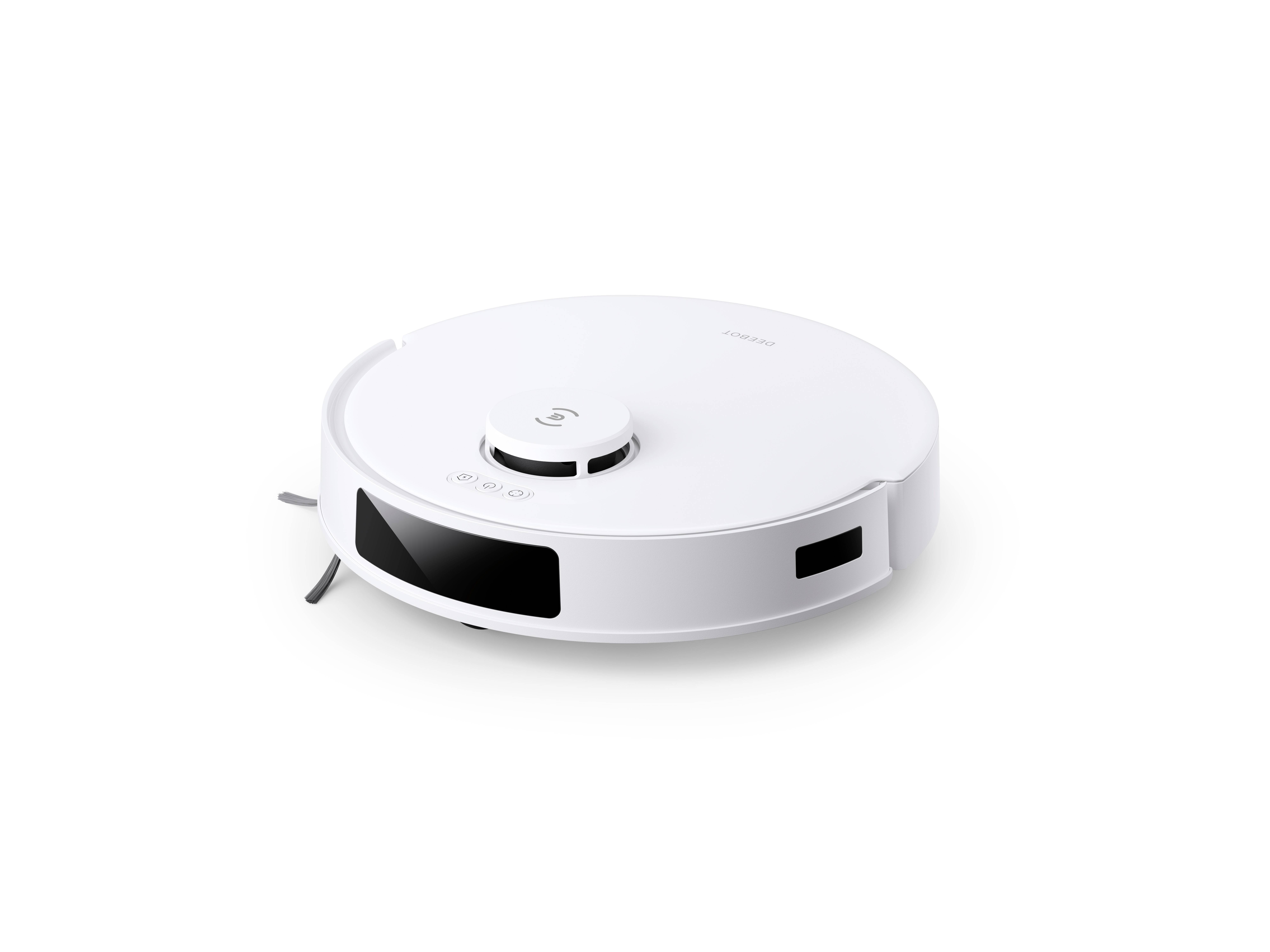 Un aspirateur robot blanc avec des brosses sur les côtés, conçu pour le nettoyage automatisé des sols.