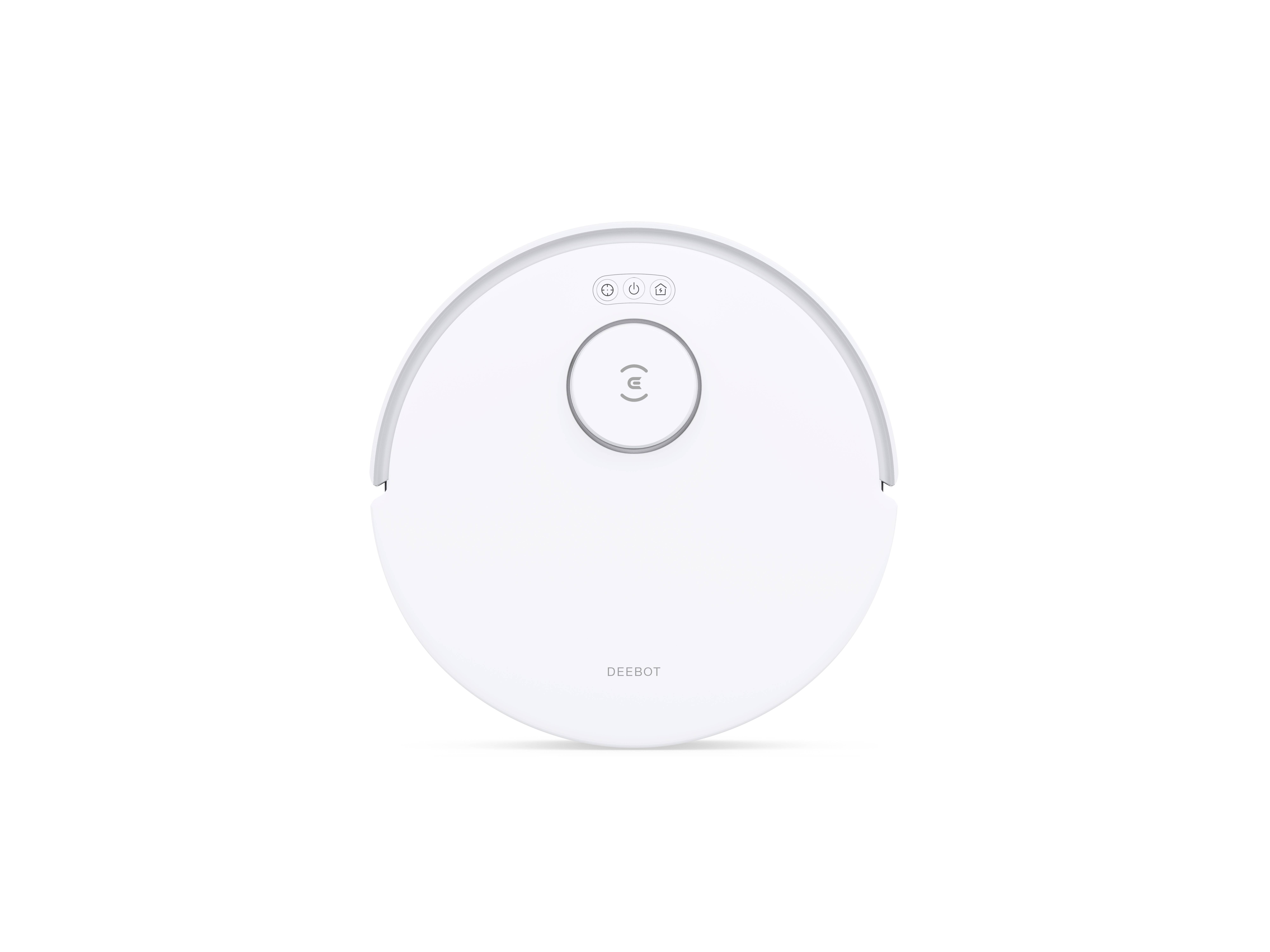 Un aspirateur robot rond de couleur blanche, avec un logo central et des commandes minimalistes sur le dessus, positionné sur un fond uni.