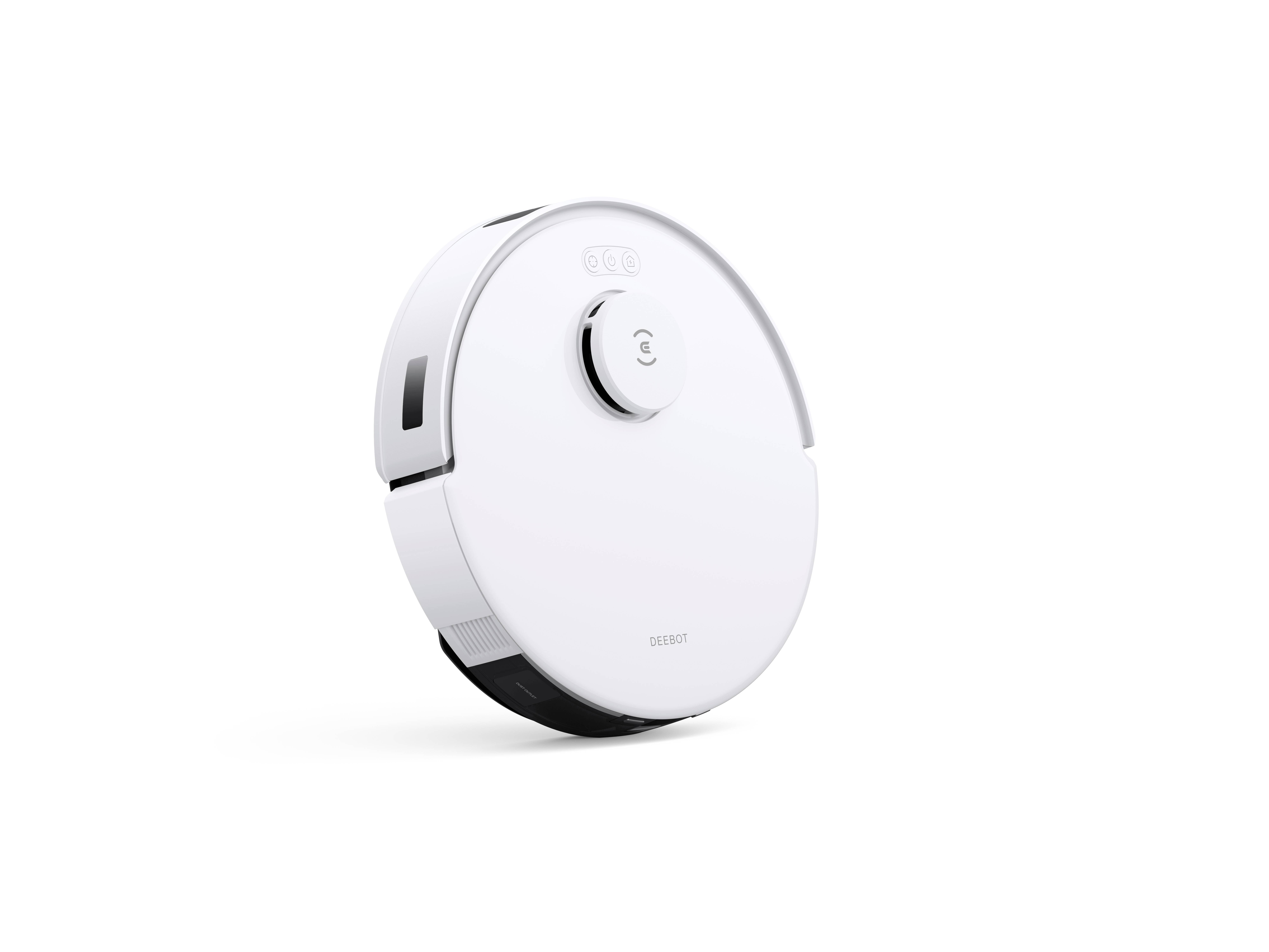 Un aspirateur robot blanc de forme circulaire sur un fond uni. Il est équipé d'un capteur monté sur le dessus pour la navigation.