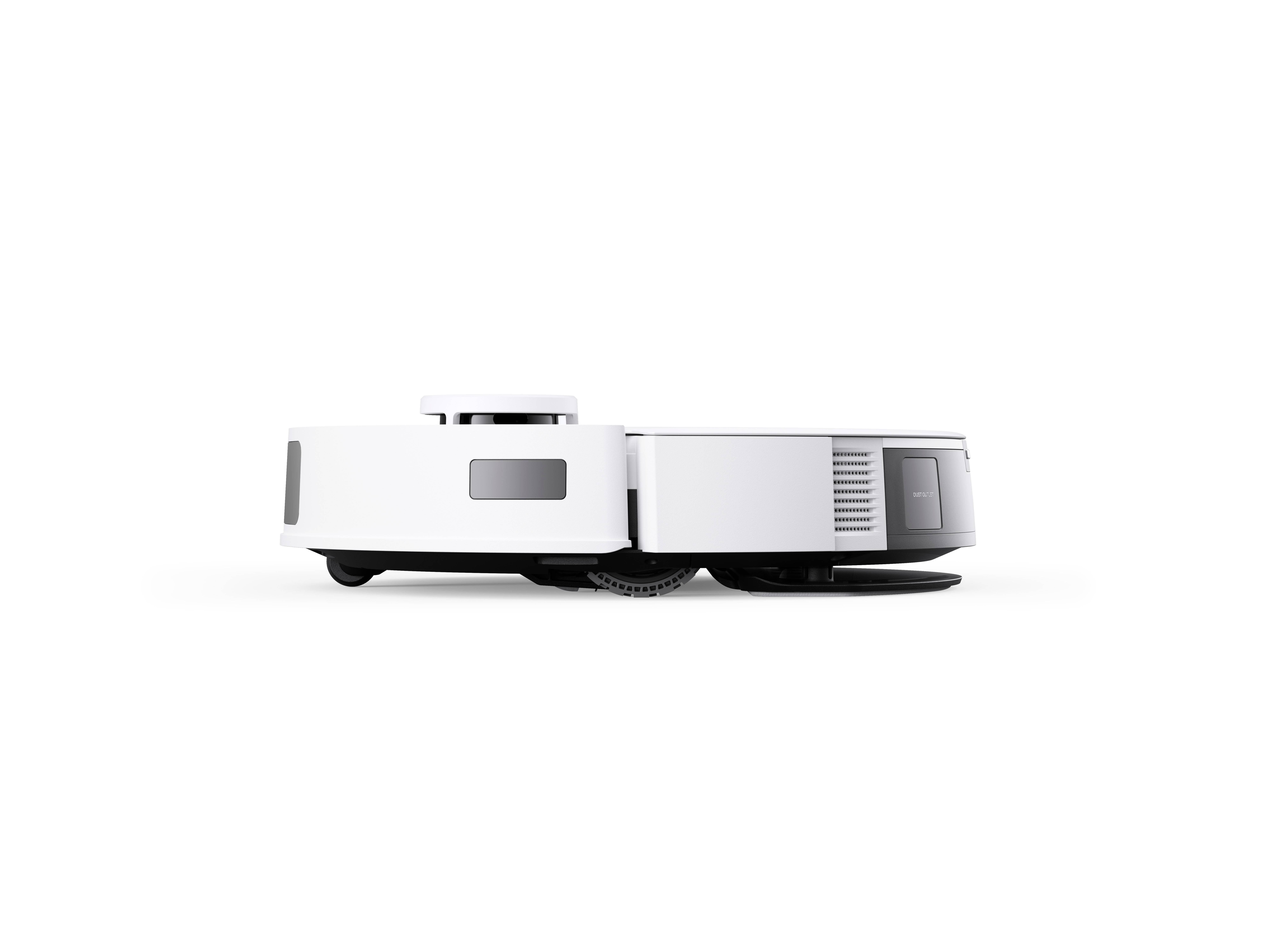 Un aspirateur robot blanc de forme circulaire, vu de profil. Il est équipé de capteurs et de roues, conçu pour un nettoyage automatisé.