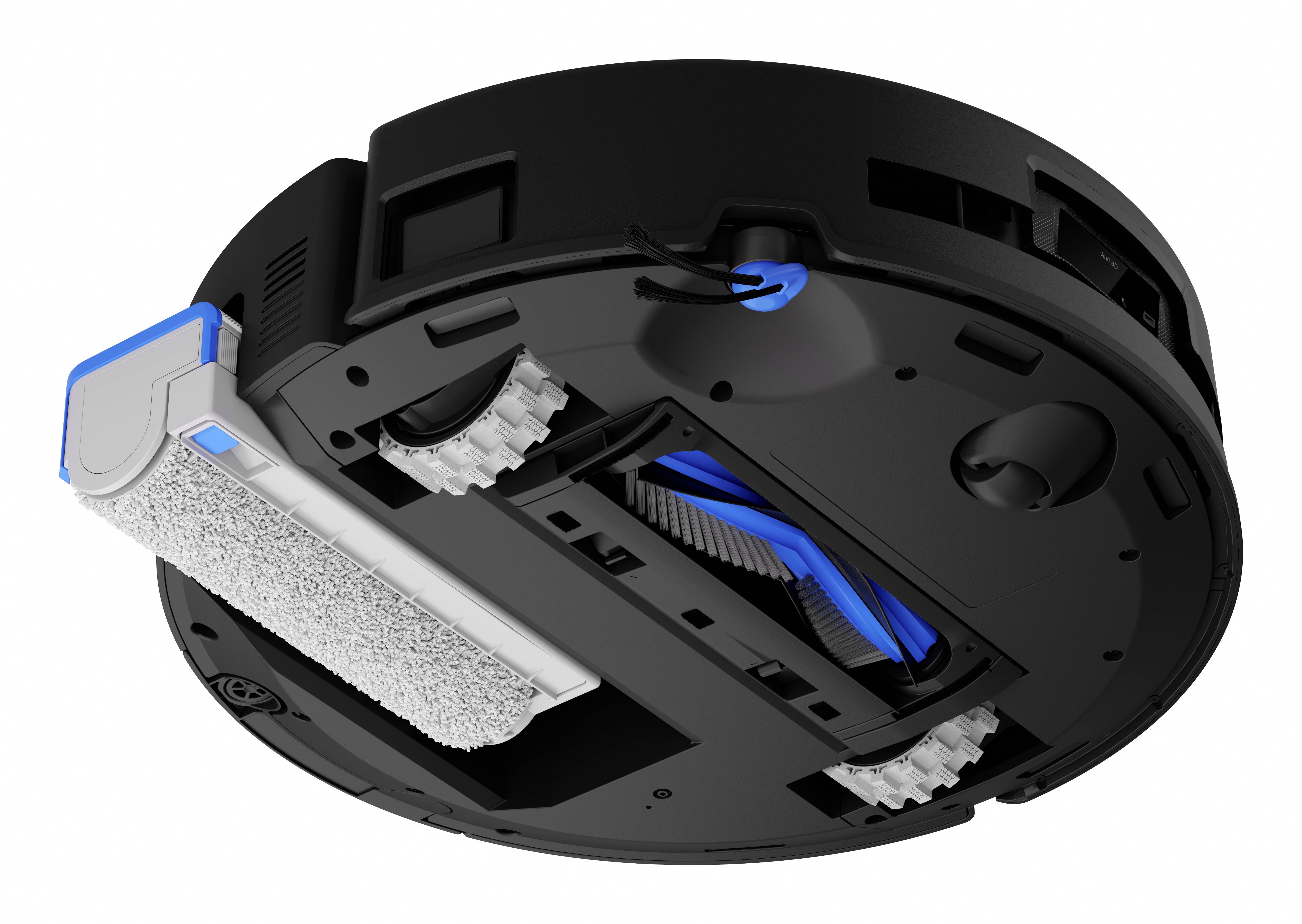 L'image montre le dessous d'un aspirateur robot avec des roues visibles, des brosses et un accessoire de nettoyage à serpillière pour nettoyer les sols.