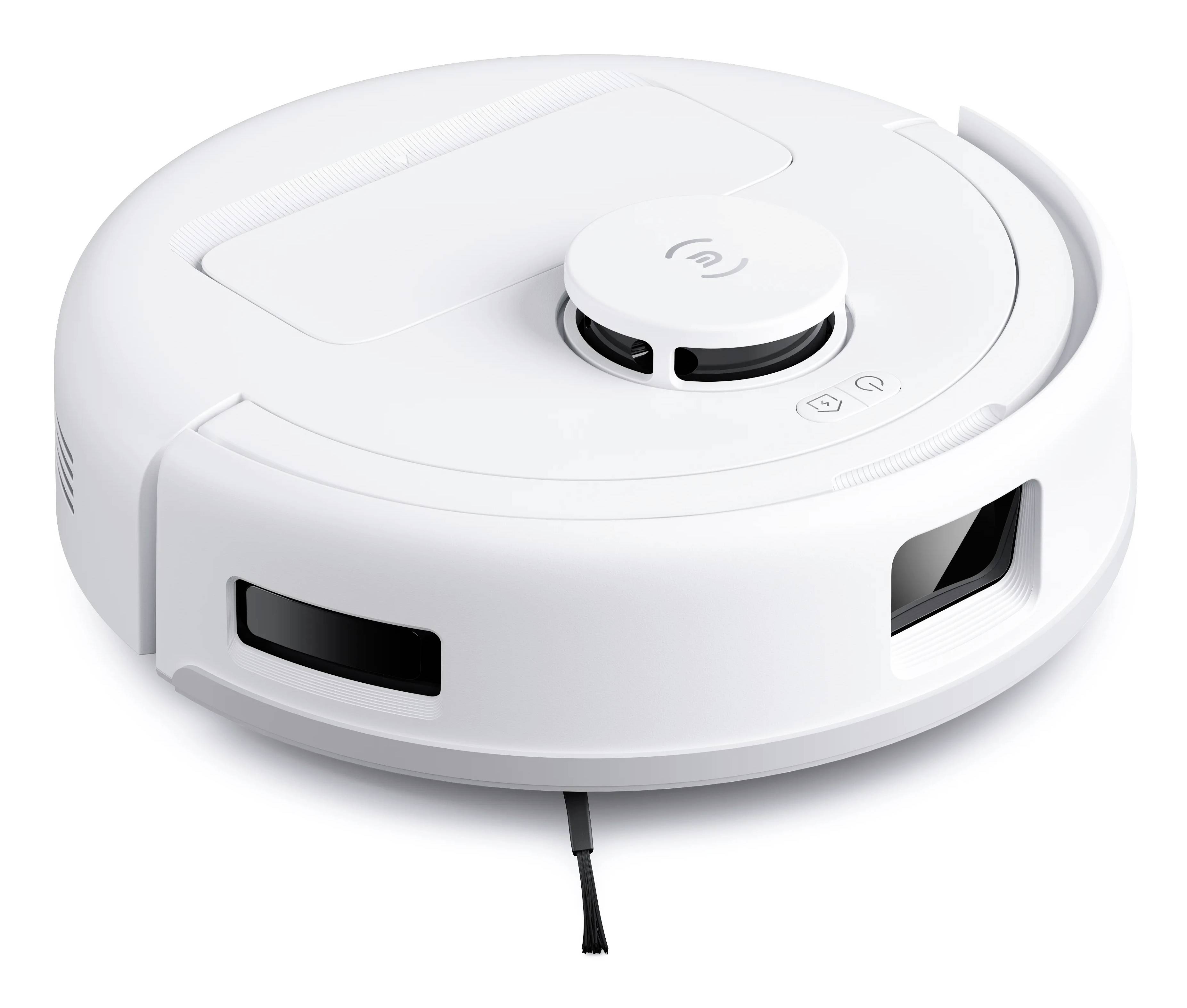 Un aspirateur robot blanc sur une surface lisse, doté de capteurs et d'une brosse rotative, conçu pour le nettoyage automatique.