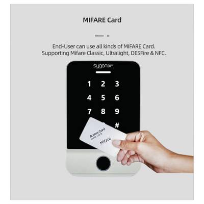 Une main tient une carte d'accès MIFARE près d'un clavier avec les chiffres 1 à 9 et un symbole #. Le texte indique « L'utilisateur final peut utiliser tous les types de carte MIFARE ».