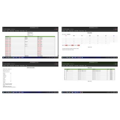 Quatre captures d'écran de navigateur montrent différents tableaux de données avec des dates, des heures, des mises à jour de statut, des classements, un journal de maintenance et des champs personnalisés.
