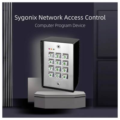 Appareil de clavier avec boutons numériques et petites lumières étiqueté « Dispositif de programme informatique de contrôle d'accès réseau Sygonix » dans un environnement minimaliste.