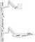 Un bras de support mural ajustable blanc pour moniteur, avec plateau-clavier intégré, conçu pour des configurations de poste de travail ergonomiques, permettant des mouvements verticaux et horizontaux.