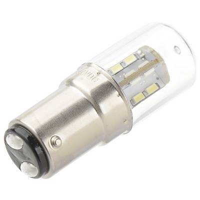 Ampoule LED avec base métallique, boîtier transparent et composants internes visibles, comprenant plusieurs petites diodes électroluminescentes.
