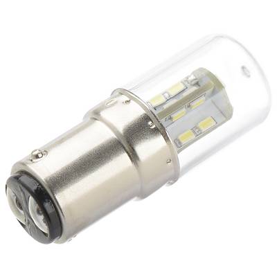 Une petite ampoule LED cylindrique avec une base métallique et un sommet transparent laissant voir plusieurs éléments LED à l'intérieur.
