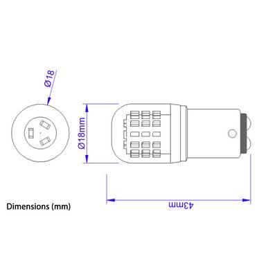 'Schéma d'une ampoule avec dimensions : largeur 18 mm et longueur 43 mm. Vue de dessus montrant une extrémité circulaire, vue de côté présentant un corps rectangulaire.'