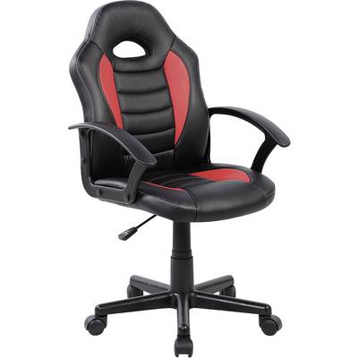 Une chaise de bureau pivotante ergonomique noir et rouge avec siège et dossier rembourrés, levier de réglage de hauteur et base à roulettes pour une mobilité optimale.