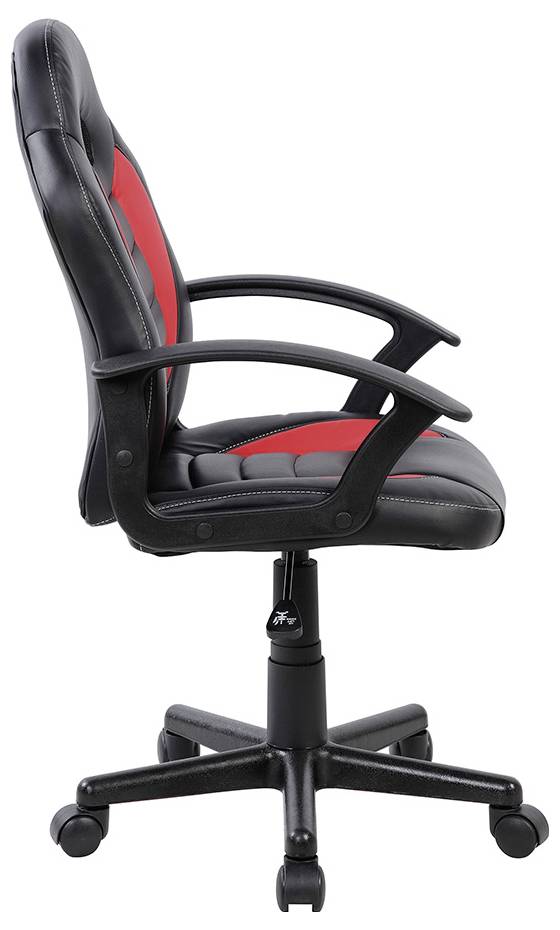 Une chaise de bureau pivotante noir et rouge, vue de côté, avec accoudoirs et base à cinq roulettes, adaptée à un usage professionnel ou domestique.