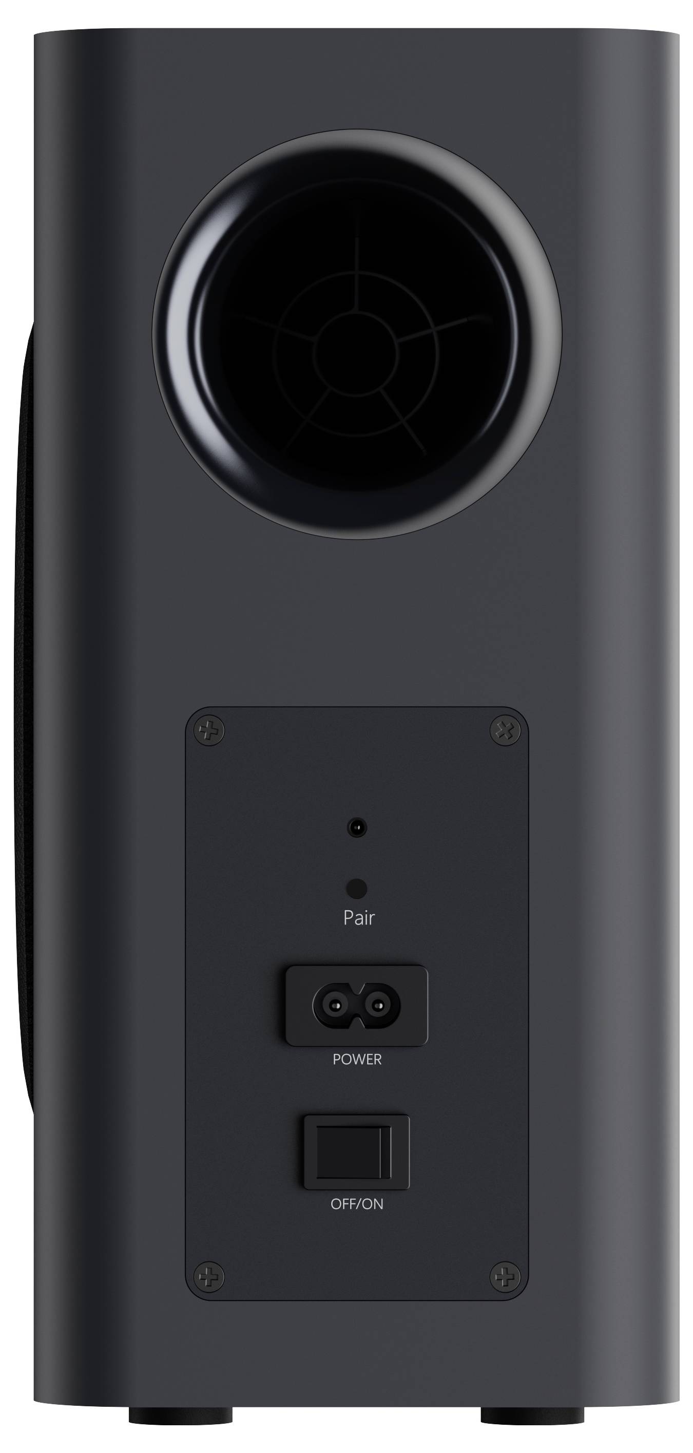 Vue arrière d'un appareil électronique noir montrant un port haut-parleur, des boutons étiquetés Pair, Power et un interrupteur Marche/Arrêt, avec un design minimaliste.